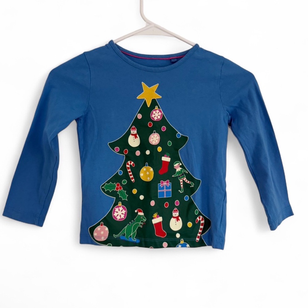 Mini Boden Christmas Tree Appliqué Long Sleeve T-Shirt Blue Unisex 5 to 6 Years